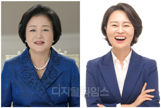 문재인 전 대통령 부인 김정숙 여사(왼쪽)와 박인영 더불어민주당 부산 금정구 후보. <디지털타임스 DB>